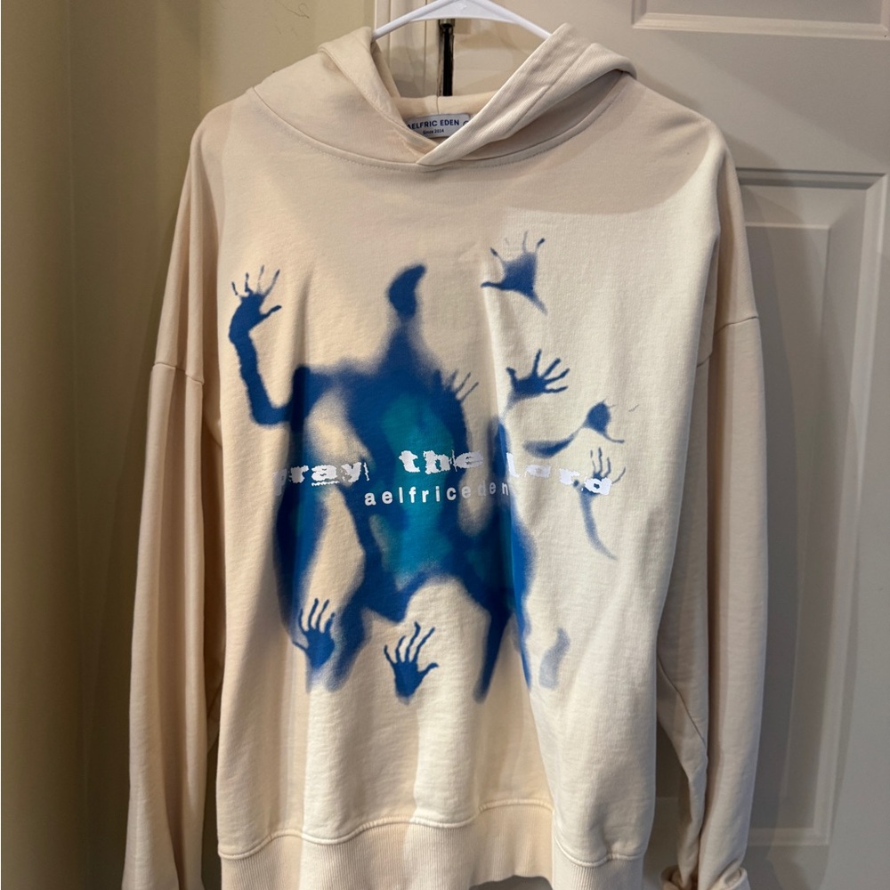 Aelfric Eden Beige Hoodie with Blue Graphic Print‎ excellent size medium’s